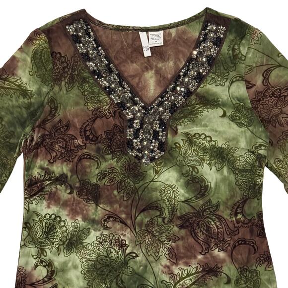 Y2K Sami Jo Womens Blouse Medium Green Brown Velvet Burnout Crystals Fairygrunge - Picture 2 of 10